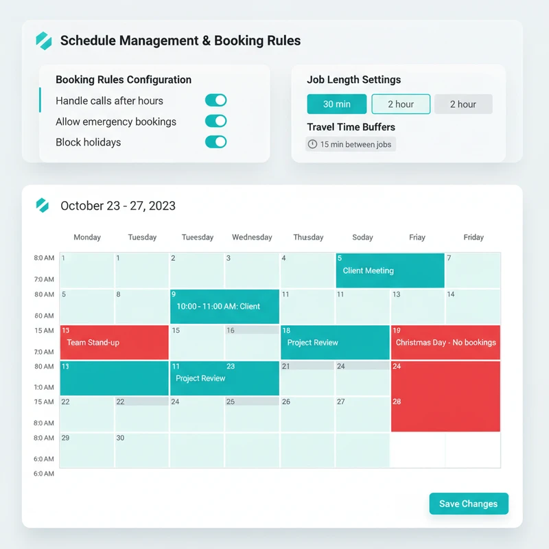 Calendar interface showing booking rules and schedule settings