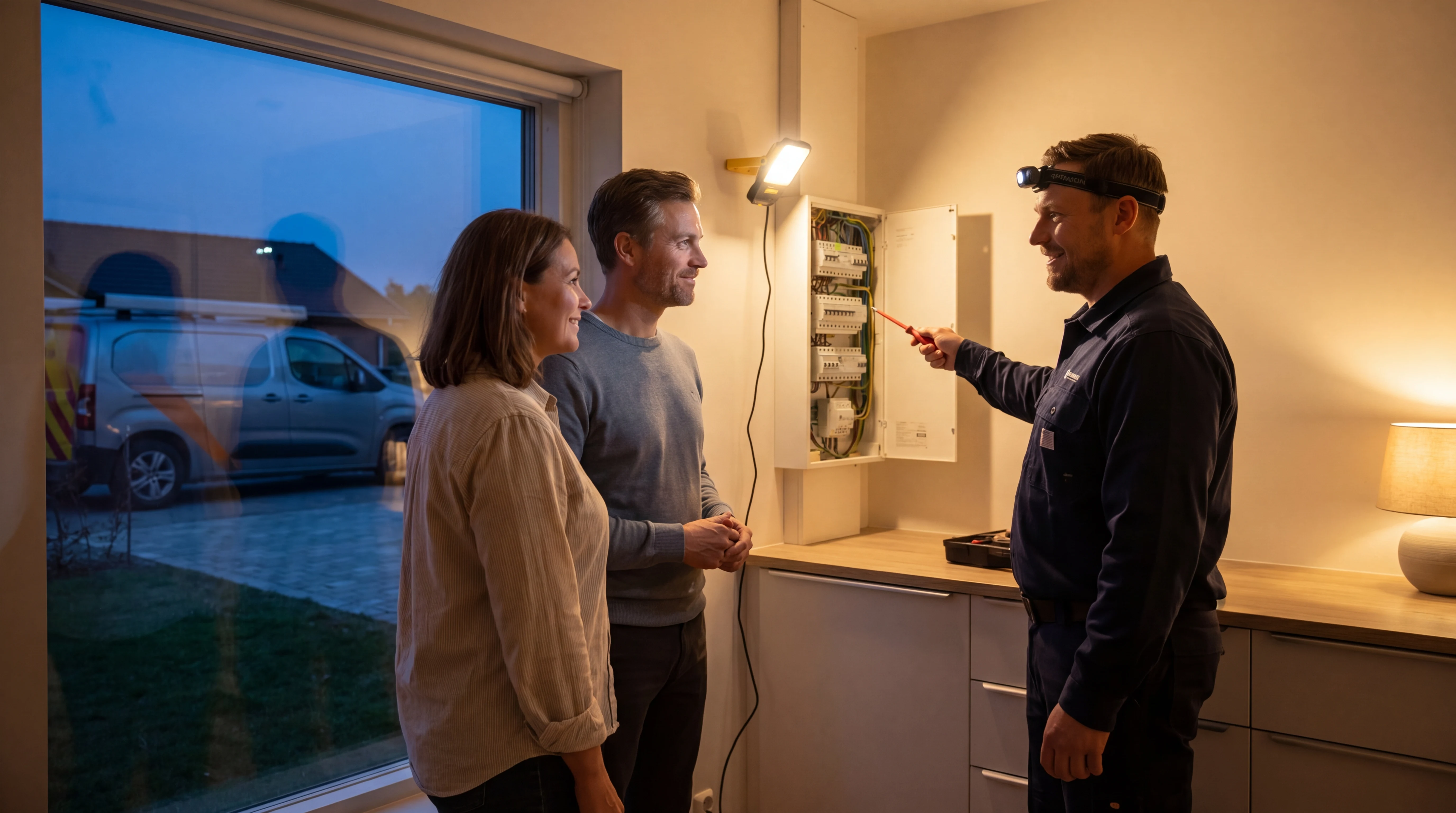Realistic electrical team scene illustrating after-hours booking in a home service workflow