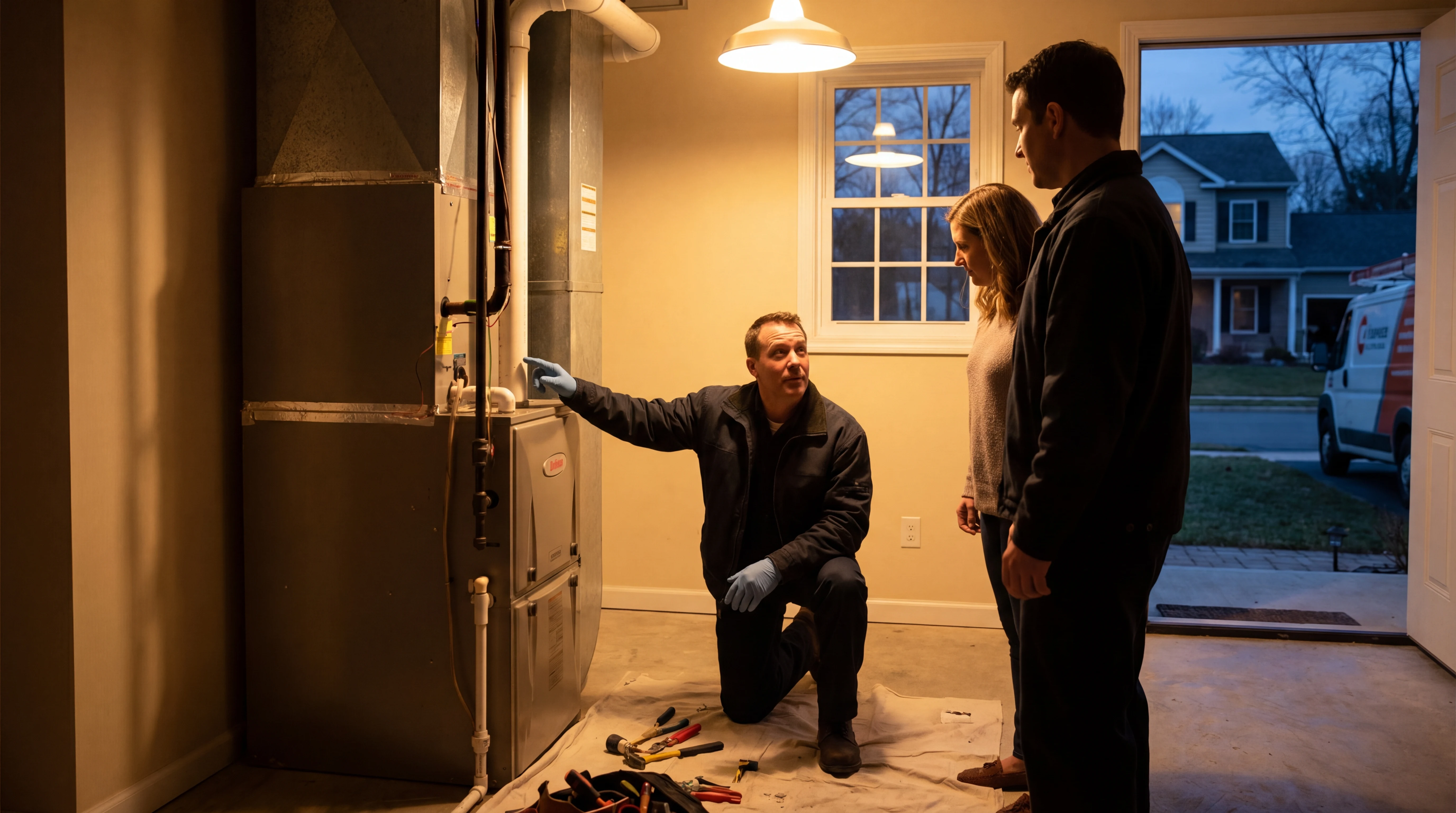 Realistic hvac team scene illustrating after-hours booking in a home service workflow