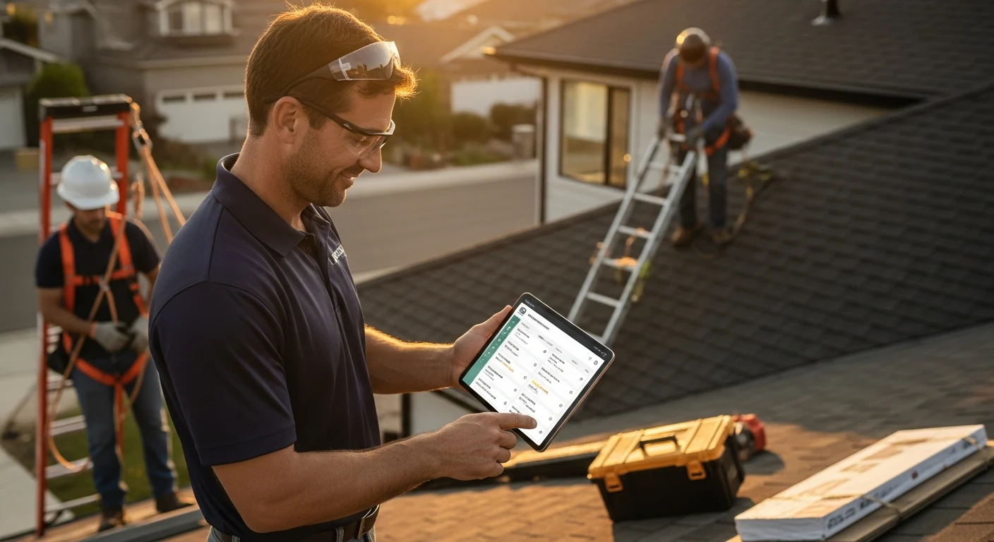 Realistic roofing team scene illustrating booking automation with an AI front desk workflow