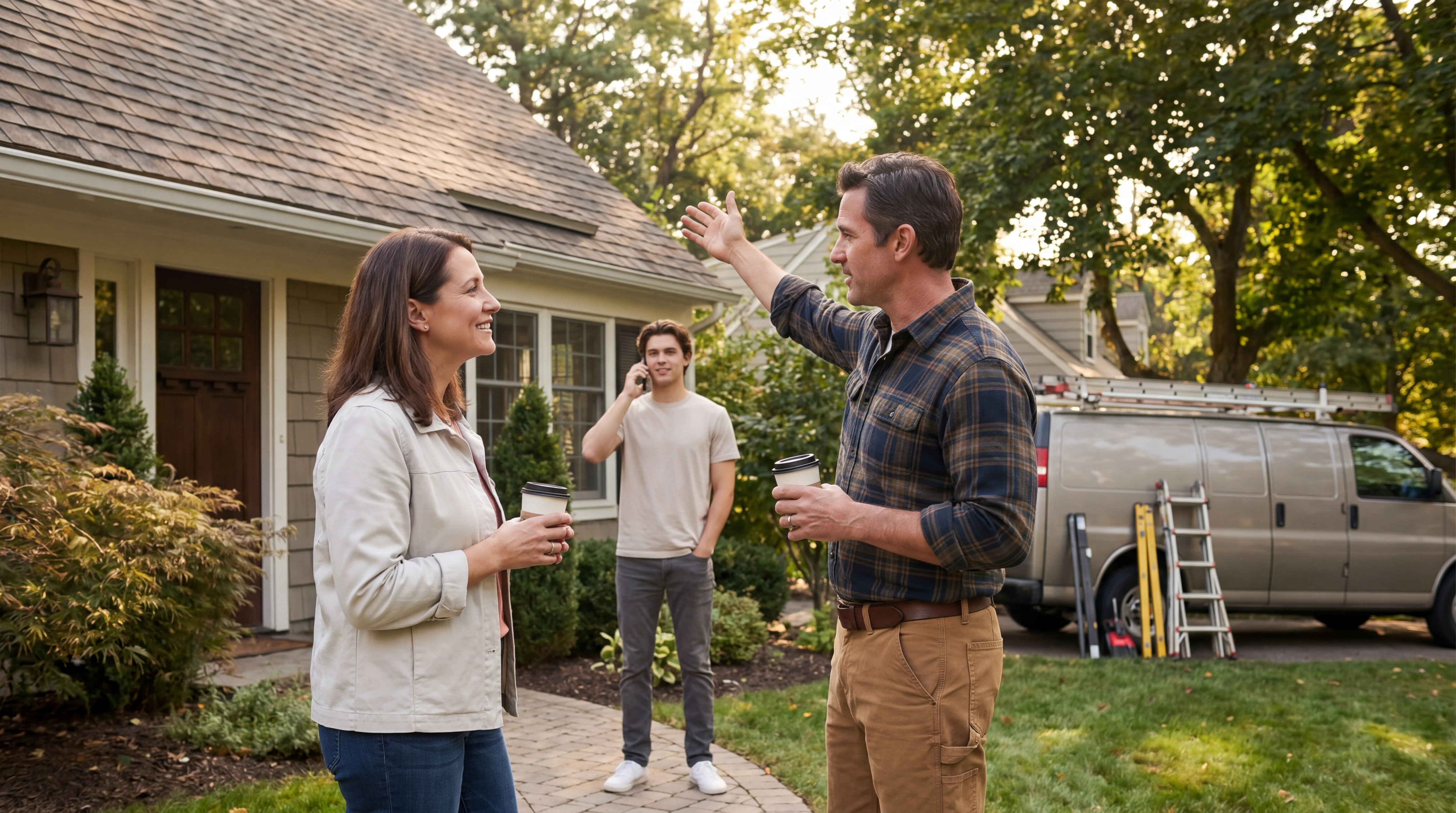 Realistic roofing team scene illustrating call overflow in a home service workflow