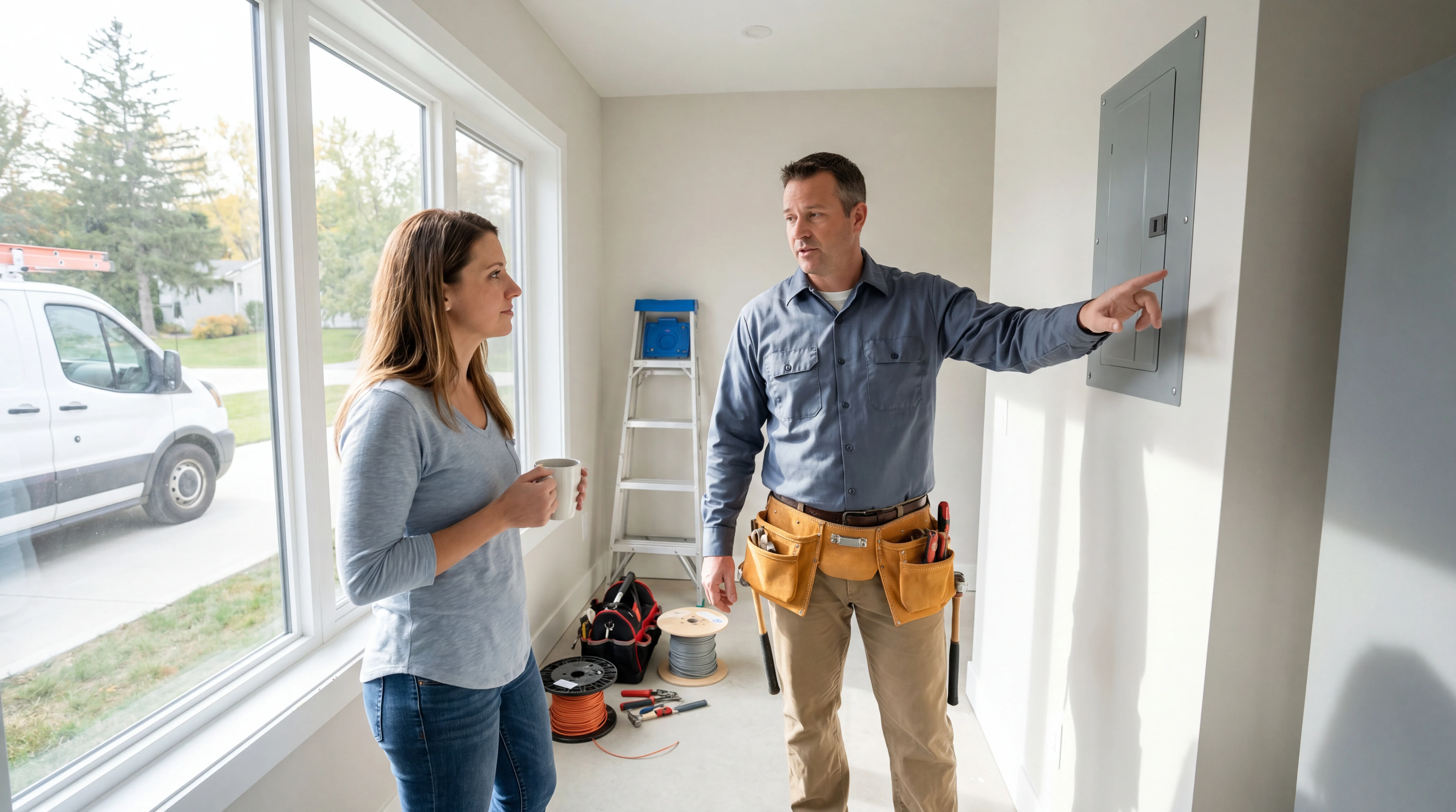 Realistic electrical team scene illustrating fsm-integrated workflows in a home service workflow