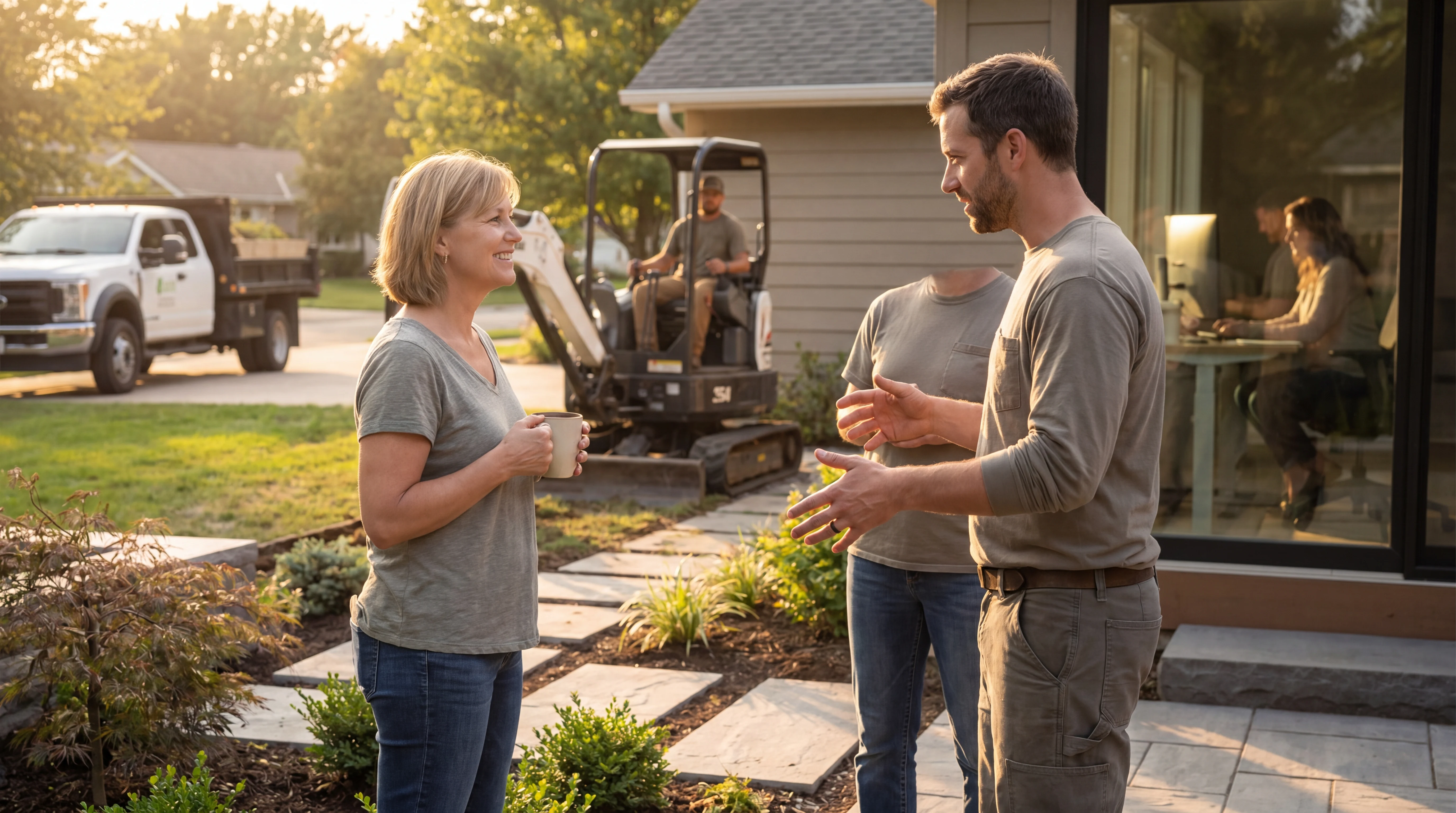 Realistic landscaping team scene illustrating fsm-integrated workflows in a home service workflow