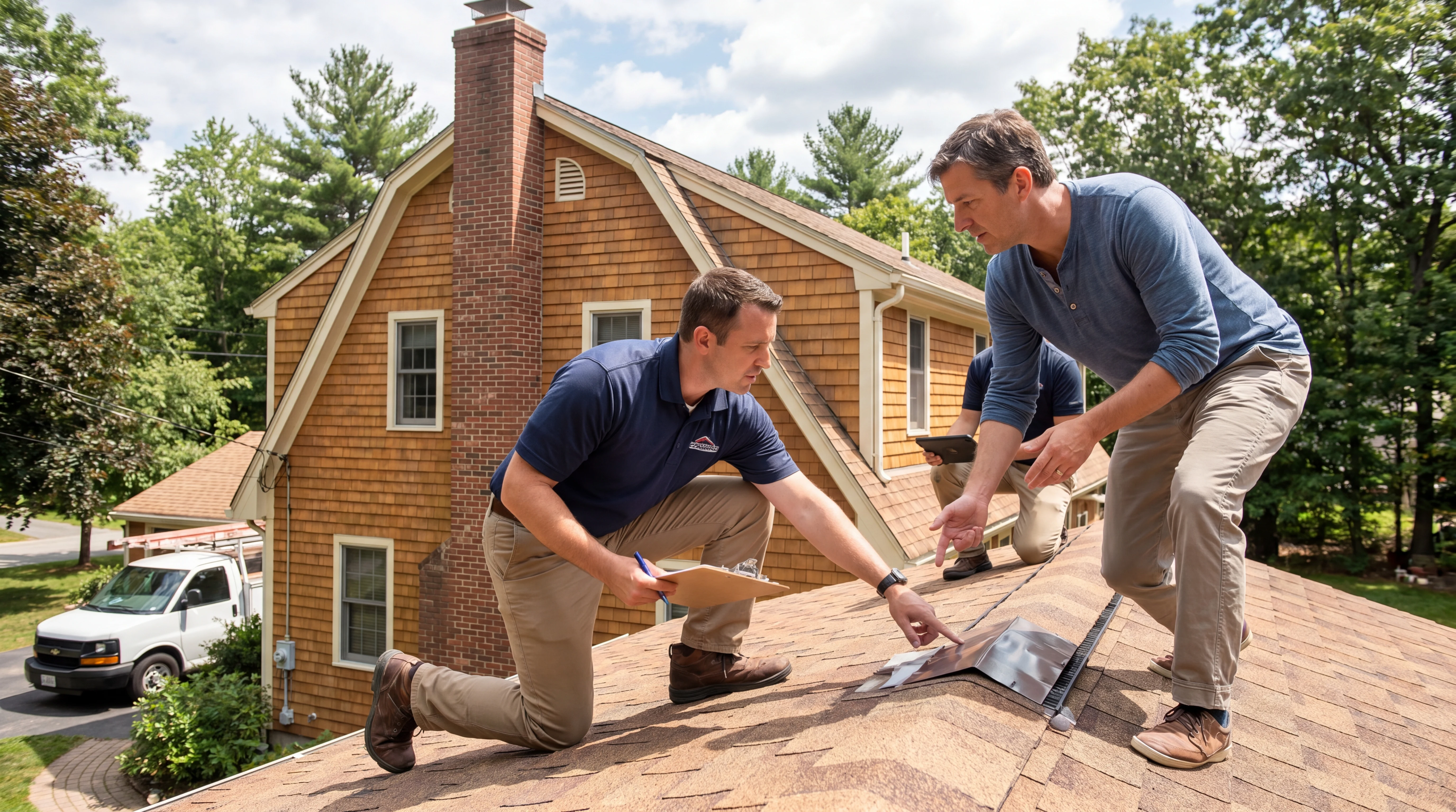 Realistic roofing team scene illustrating fsm-integrated workflows in a home service workflow