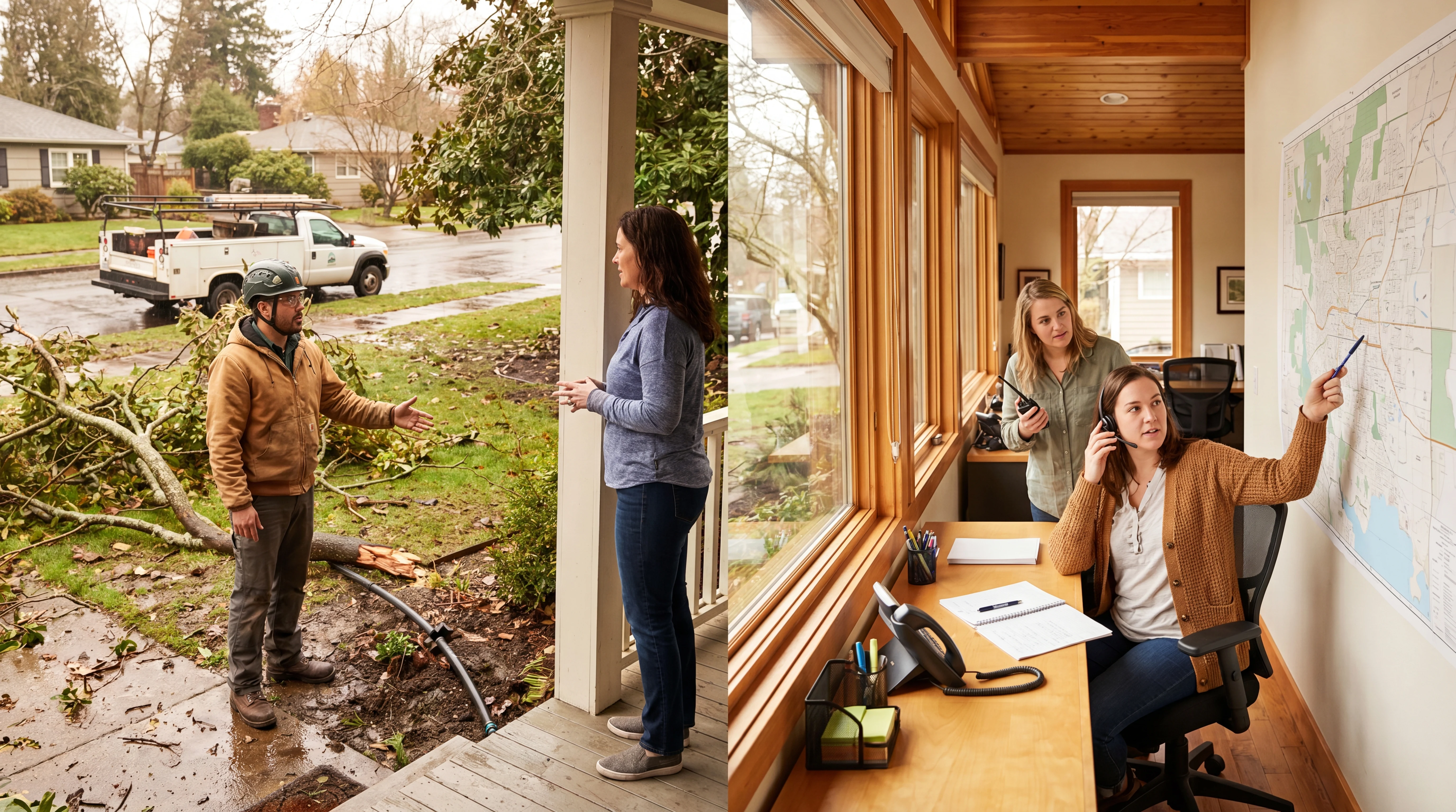 Realistic landscaping team scene illustrating emergency call triage in a home service workflow
