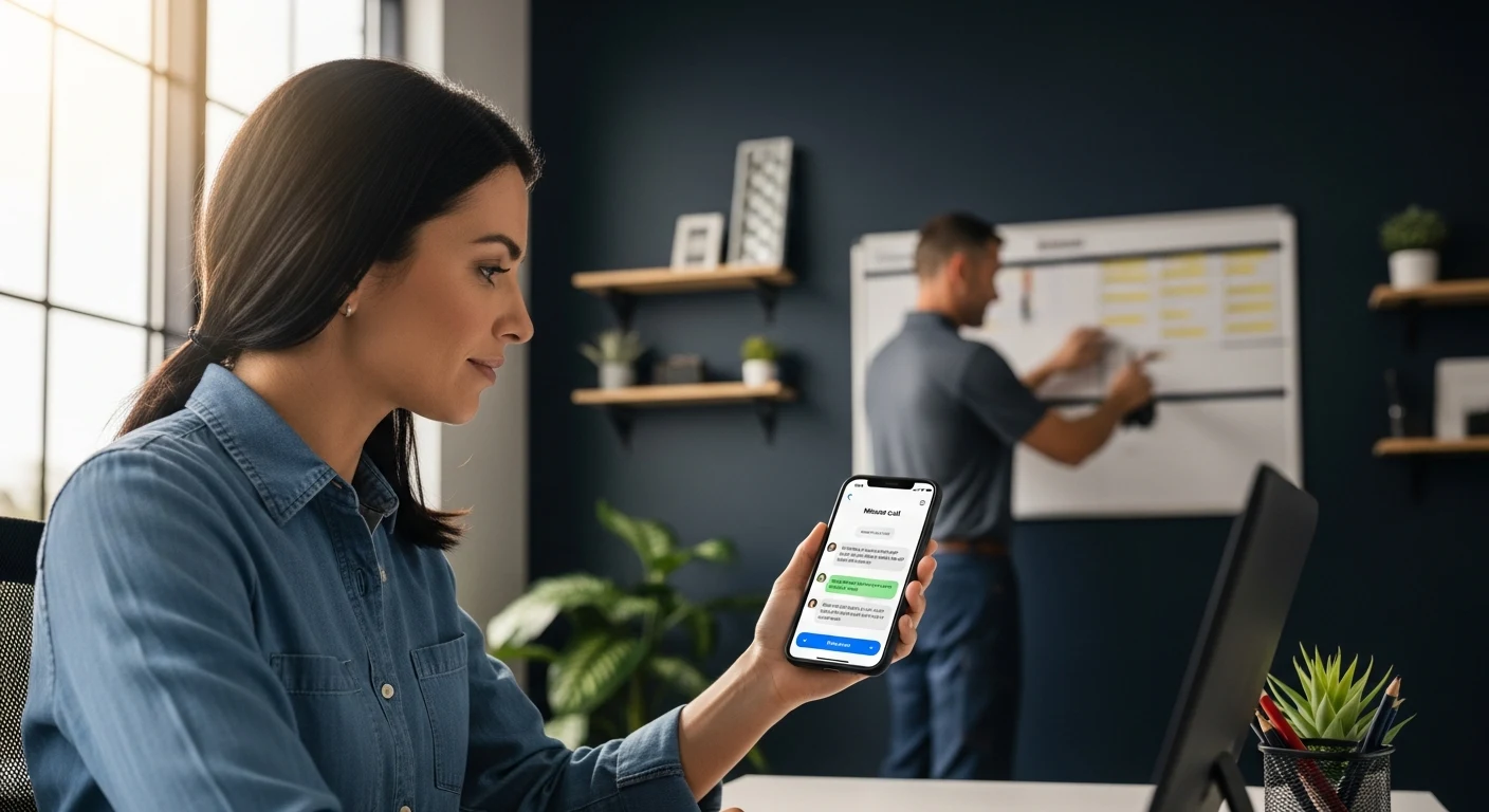 Realistic electrical team scene illustrating missed-call recovery with an AI front desk workflow