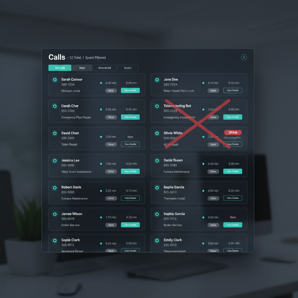 Dashboard showing a list of calls handled by AI assistant with spam filtering